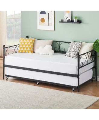 Twin Daybed with Trundle, Metal Sofa Bed Frame, Heavy Duty Metal Slats