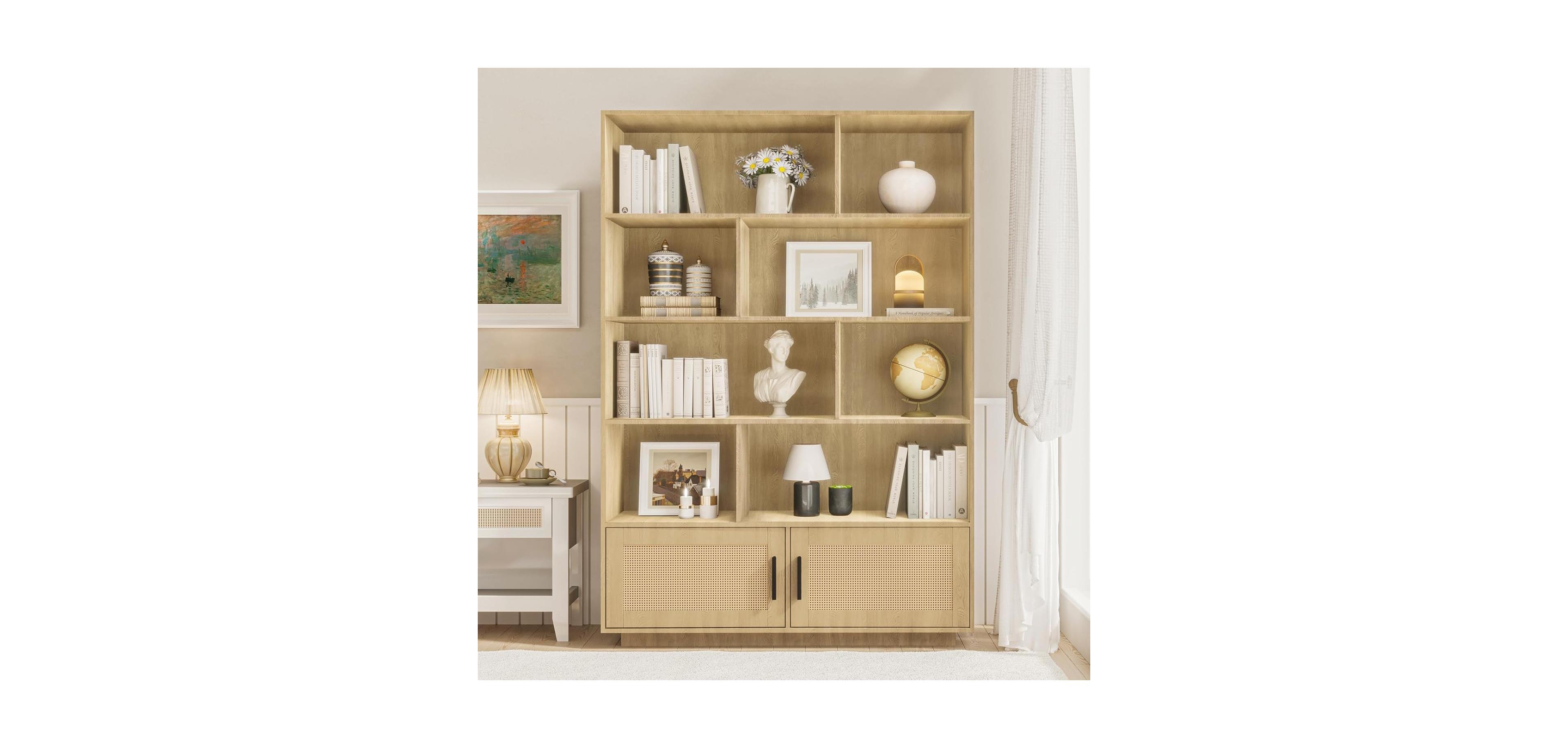 gaomon 65.4" in Tall Boho Bookshelf with 5 Tier Bookshelf and Rattan Doors, Wooden Bookcase with Storage, Large Bookshelf for Living