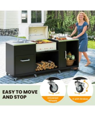 Heavy-Duty Outdoor Grill Table Cart with Sink and Drainage, Metal Prep Station
