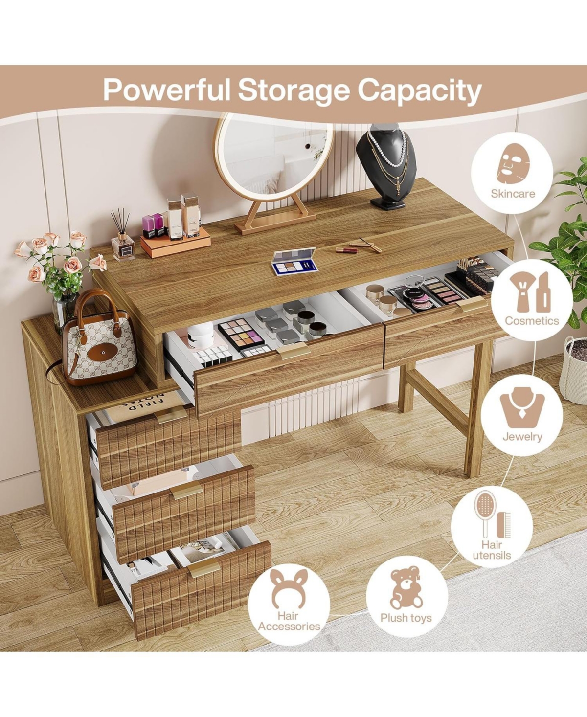 Tribesigns Makeup Vanity Desk with 5 Drawers, Modern Storage, Small Wood Dressing Table for Bedroom, Narrow Space (Without Mirror)