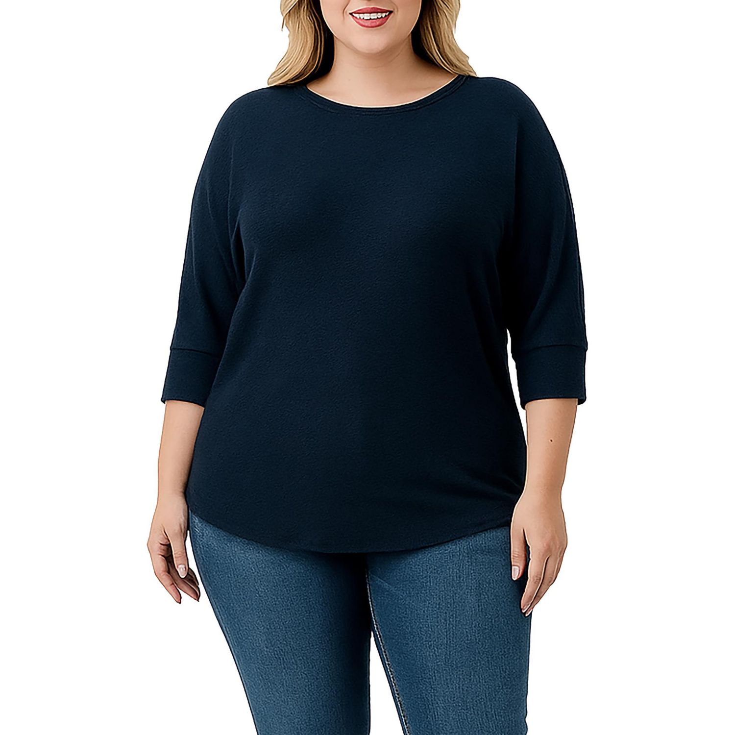 Plus Size 3/4 Dolman Sleeve Curved Hem Top