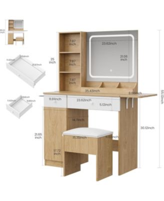 Natural Wood Foldable Vanity Desk, Lighted Mirror Makeup Table for Compact Living Spaces