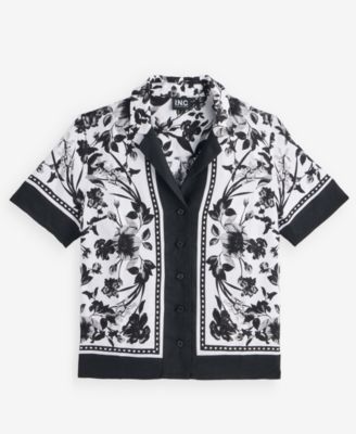 Petite Linen-Blend Printed Short-Sleeve Button-Up Shirt