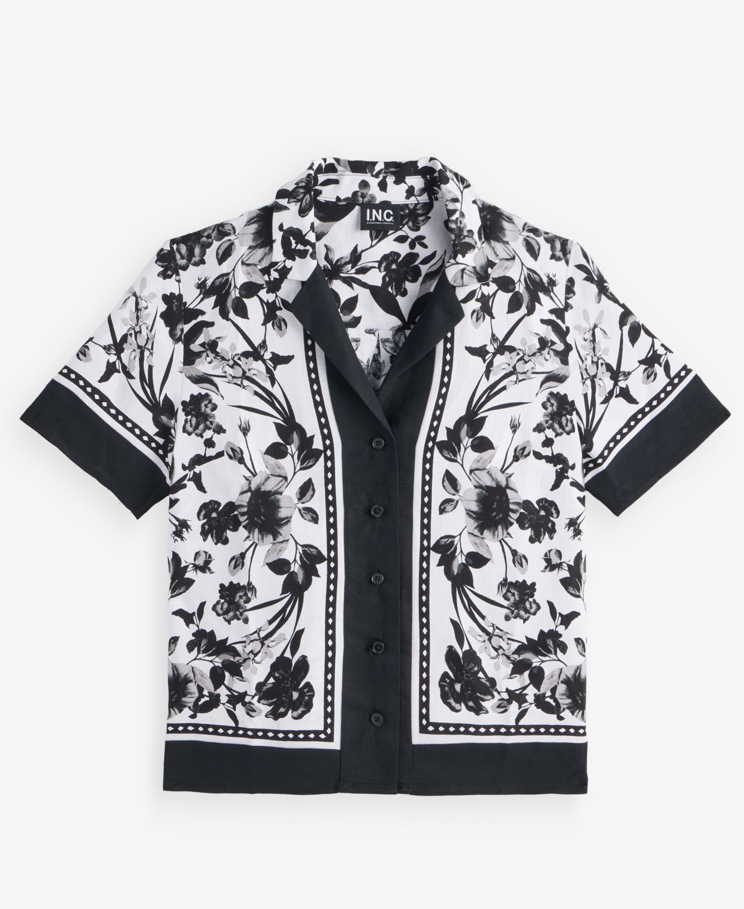 Petite Linen-Blend Printed Short-Sleeve Button-Up Shirt