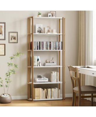 71" Industrial 6-Tier Wooden Bookshelf with Metal Frame, Large Open Storage Shelf for Living Room