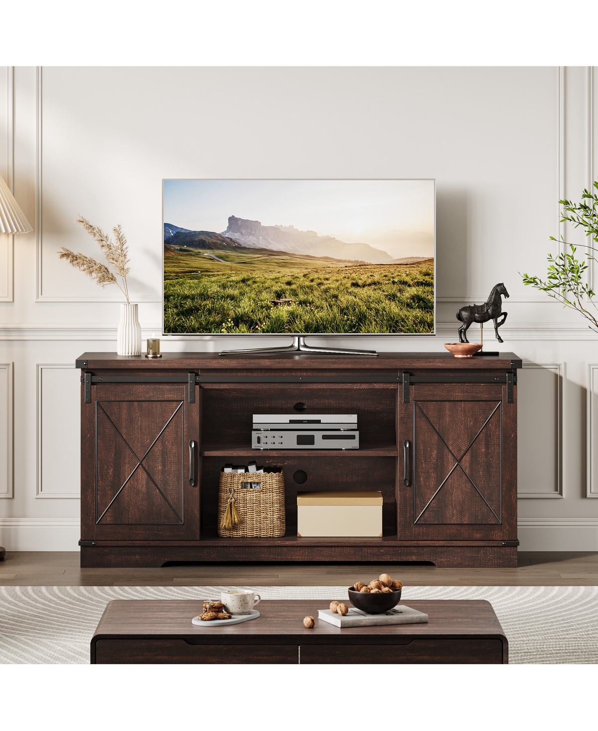 gaomon 59" Farmhouse Tv Stand for 65" TVs, Media Console with Sliding Barn Doors & Adjustable Shelves
