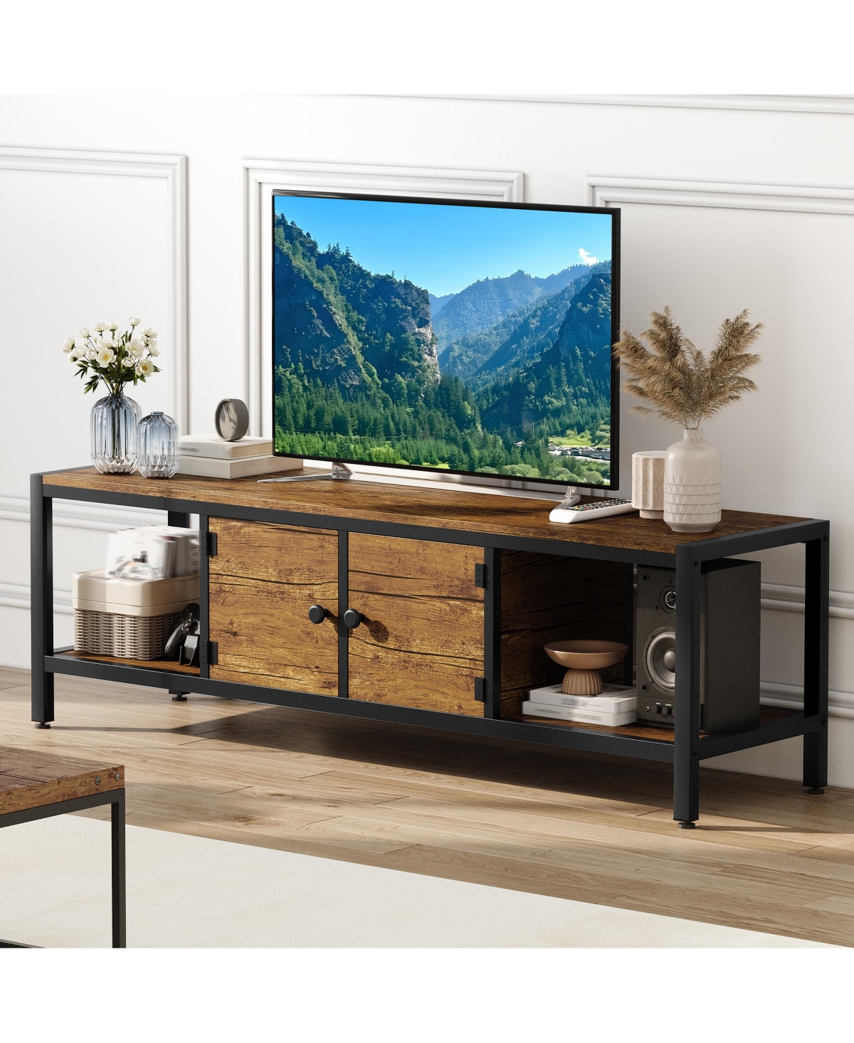 gaomon 65" Wooden Farmhouse Tv Stand for Bedroom, Fits 75" TVs, Cabinet with Open Storage Shelves