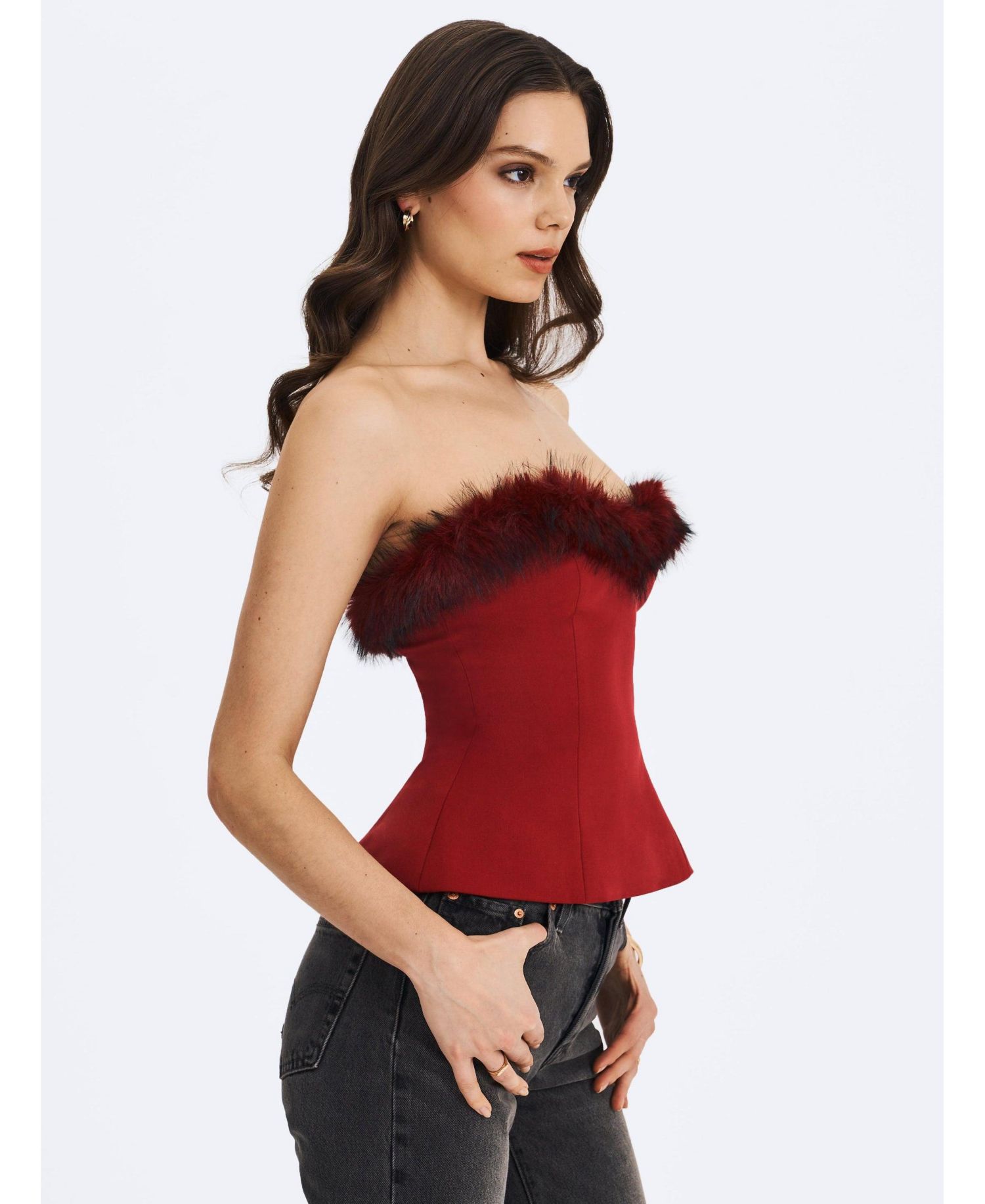 Women's Ivette Crimson Fur-Trimmed Peplum Top