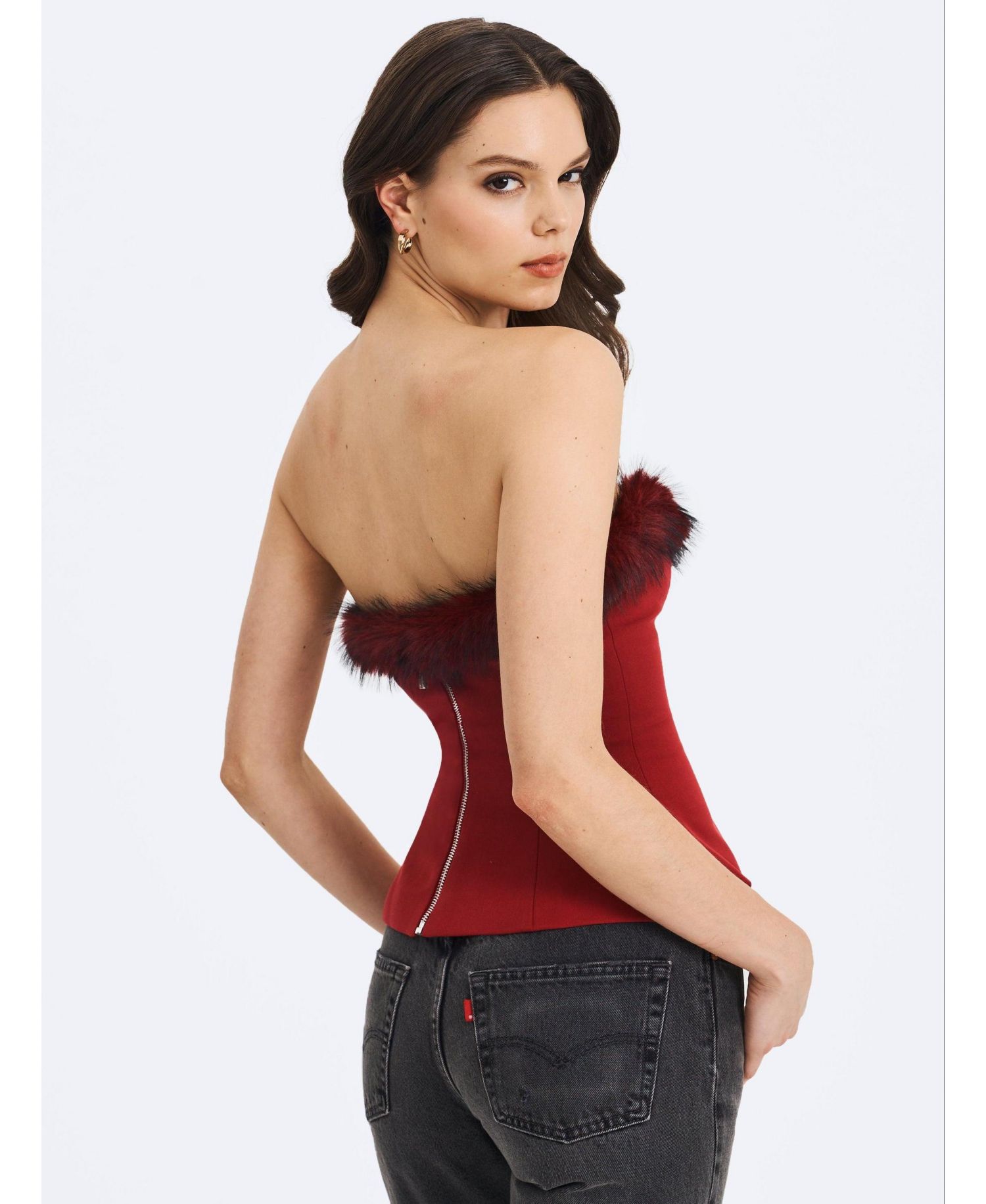 Women's Ivette Crimson Fur-Trimmed Peplum Top