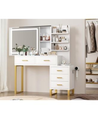 Vanity Desk with Mirror, LED Lights and Power Outlet, Makeup Vanity Table with 5 Drawers and 3 Storage Shelves