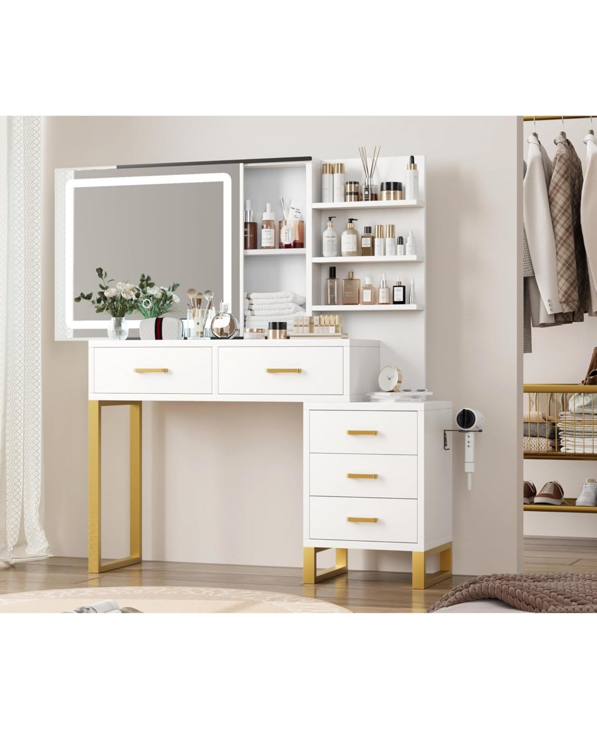 Gaomon Vanity Desk with Mirror, Led Lights and Power Outlet, Makeup Vanity Table with 5 Drawers and 3 Storage Shelves