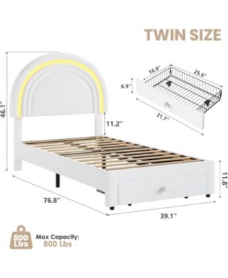 Twin Upholstered LED Bed Frame - with Storage Drawer and Rainbow Headboard, Berber Fleece Princess Platform Bed for Kids, Solid Wood Support