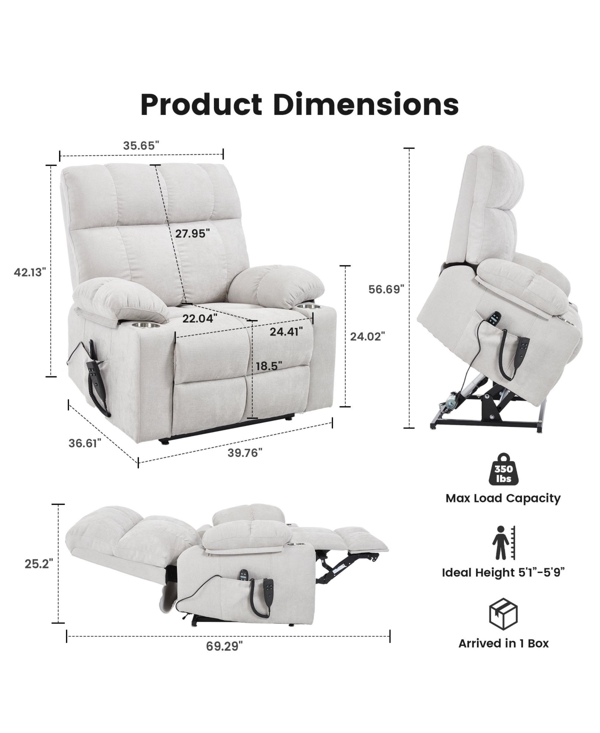 Clihome Dual Motor Infinite Position Up to 350 Lbs Chenille Power Lift Recliner Chair
