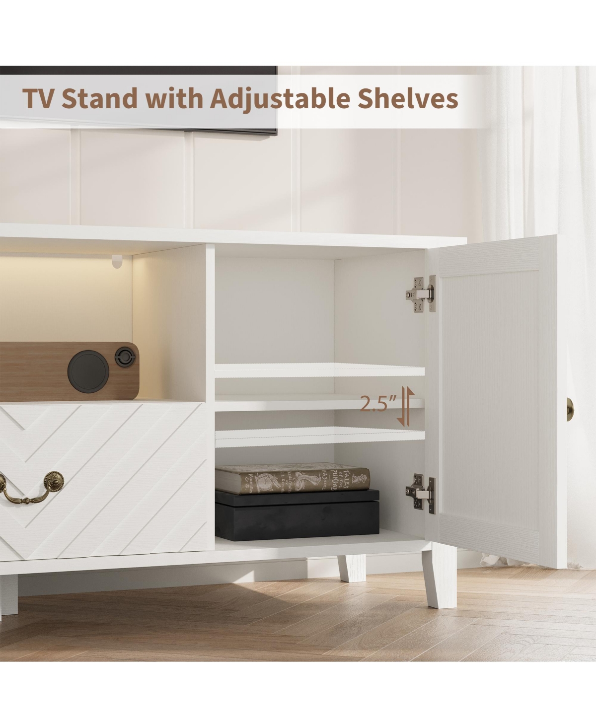Gaomon Farmhouse Tv Stand, Media Console with V-Shaped Drawer, Open Compartment & 2 Cabinets