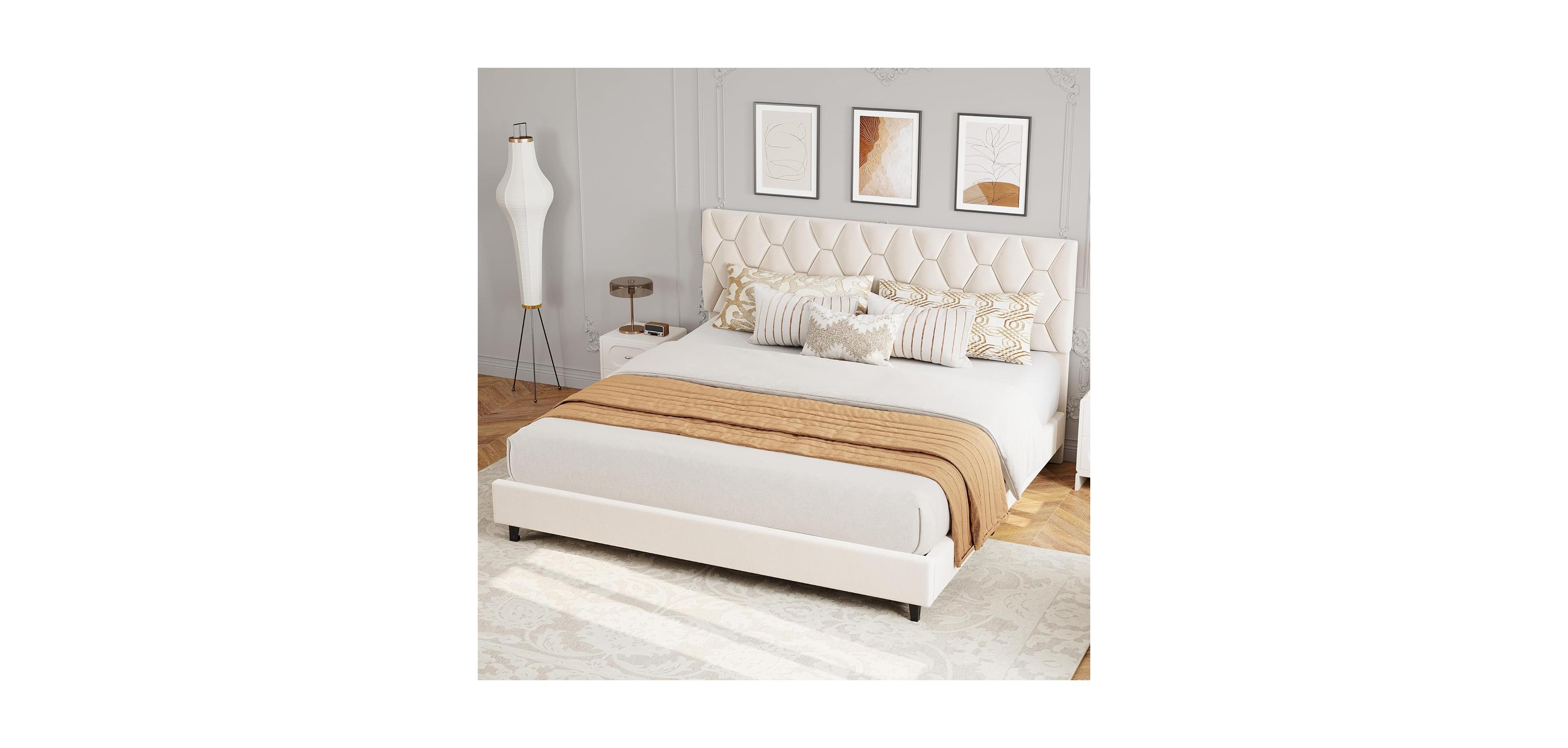 gaomon Platform Bed Frame with Upholstered Headboard, Wood Slats, No Box Spring Needed, Easy Assembly
