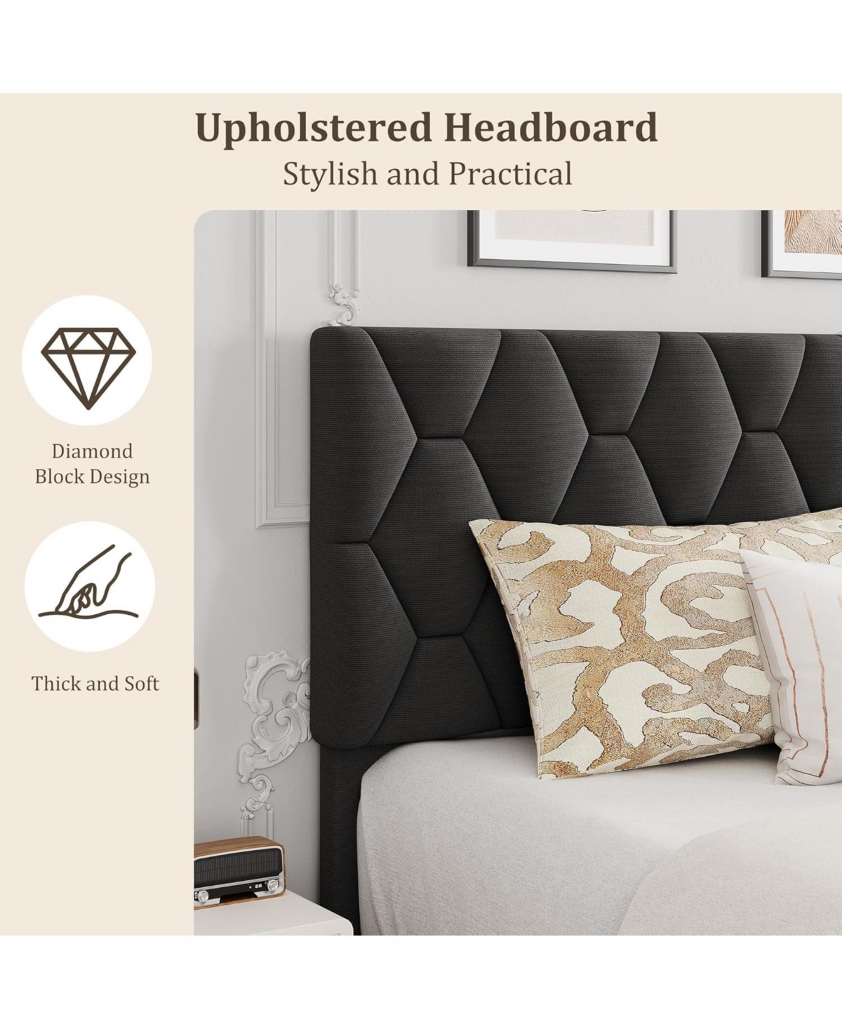 gaomon Platform Bed Frame with Upholstered Headboard, Wood Slats, No Box Spring Needed, Easy Assembly