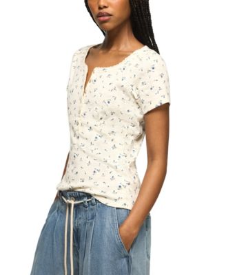 Women's Crochet Trim Short-Sleeve Henley Top