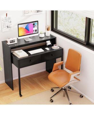 Extendable Rolling Computer Desk with 2 Drawers, Convertible Home Office Writing Desk