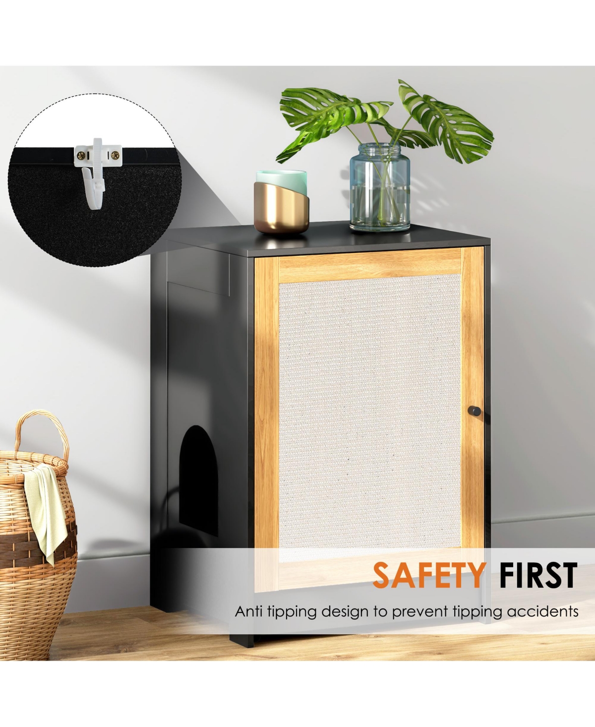 Cozito Cat Litter Box Enclosure End Table with Sisal Scratching Door and Pull-Out Tray, Black