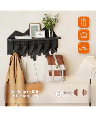 Bamboo Wall Coat Rack with 6 Hooks & Shelf for Hats