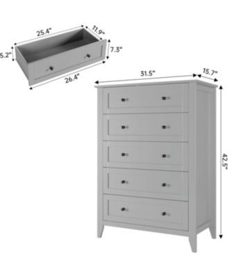 Grey 5 Drawer Dresser for Bedroom, Tall Dresser with Deep Drawers & Metal Knobs, Modern Wooden Chests of Drawers for Entryway