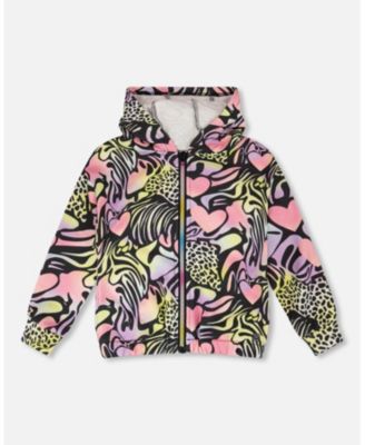 Girl Zip Front French Terry Hoodie Black Printed Multicolor