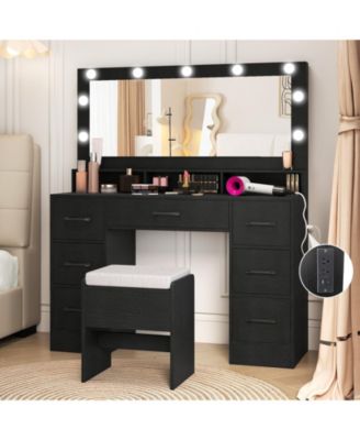 Makeup Vanity Table with Mirror and Lights, Power Outlets, Bedroom Dressing Desk