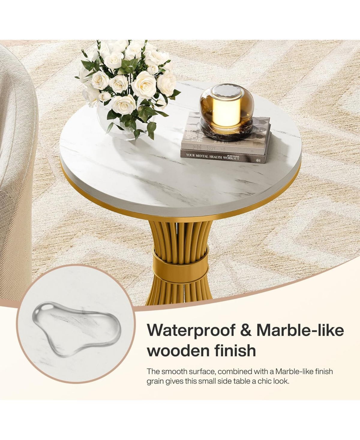 Tribesigns Round End Table, Modern Faux Marble Side Table with Gold Metal Base, Small Bedside Nightstand, Wooden Accent Table