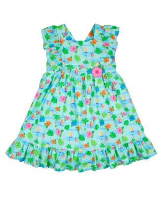 Little Girls Printed Linen Look Dress With Flower