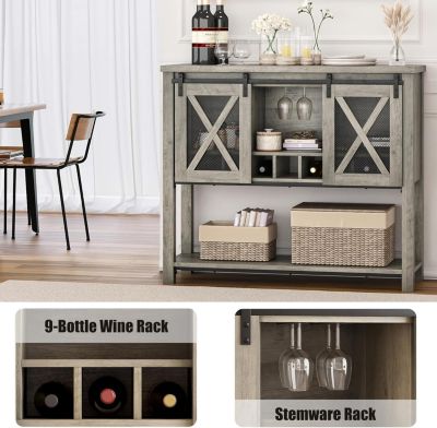 Wine Bar Cabinet with Storage - Sliding Barn Door Kitchen Buffet, Wood Sideboard Console with Wine Rack & Glass Holder for Living & Dining Room