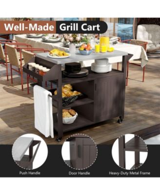 Outdoor Grill Cart with Storage Cabinet Shelves and Stainless Steel Top-Brown