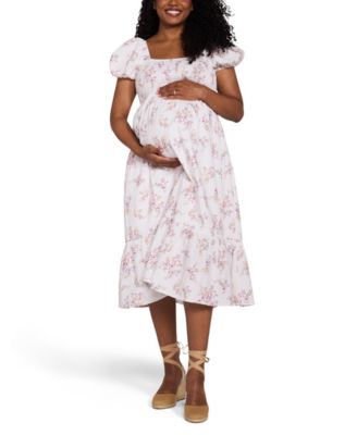Maternity Motherhood Smocked Bodice with Puff Sleeves Midi Dress