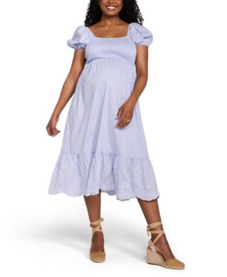 Maternity Motherhood Smocked Bodice with Puff Sleeves Midi Dress