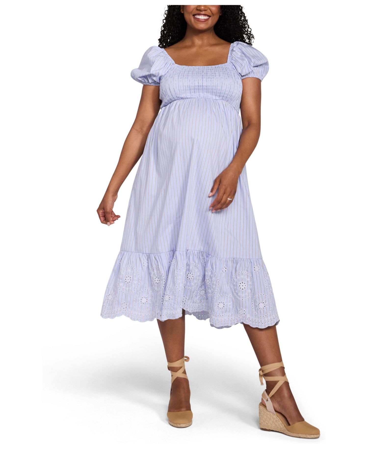 Women's Motherhood Smocked Bodice with Puff Sleeves Midi Dress