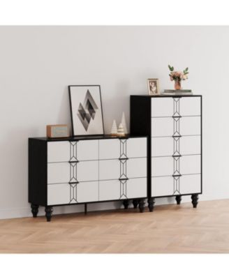 Wooden 6 Drawer Dresser with Vintage Pattern Design, Modern Chest Dresser with Deep Drawers for Bedroom, Living Room, Entryway