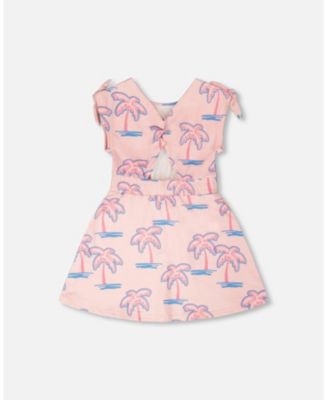 Big Girls French Terry Dress Light Pink Palm Print