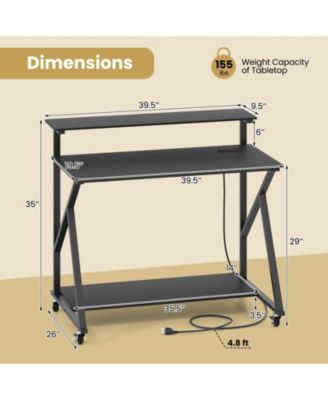 Rolling Computer Desk with Charging Station and Monitor Shelf, Home Office Storage Desk