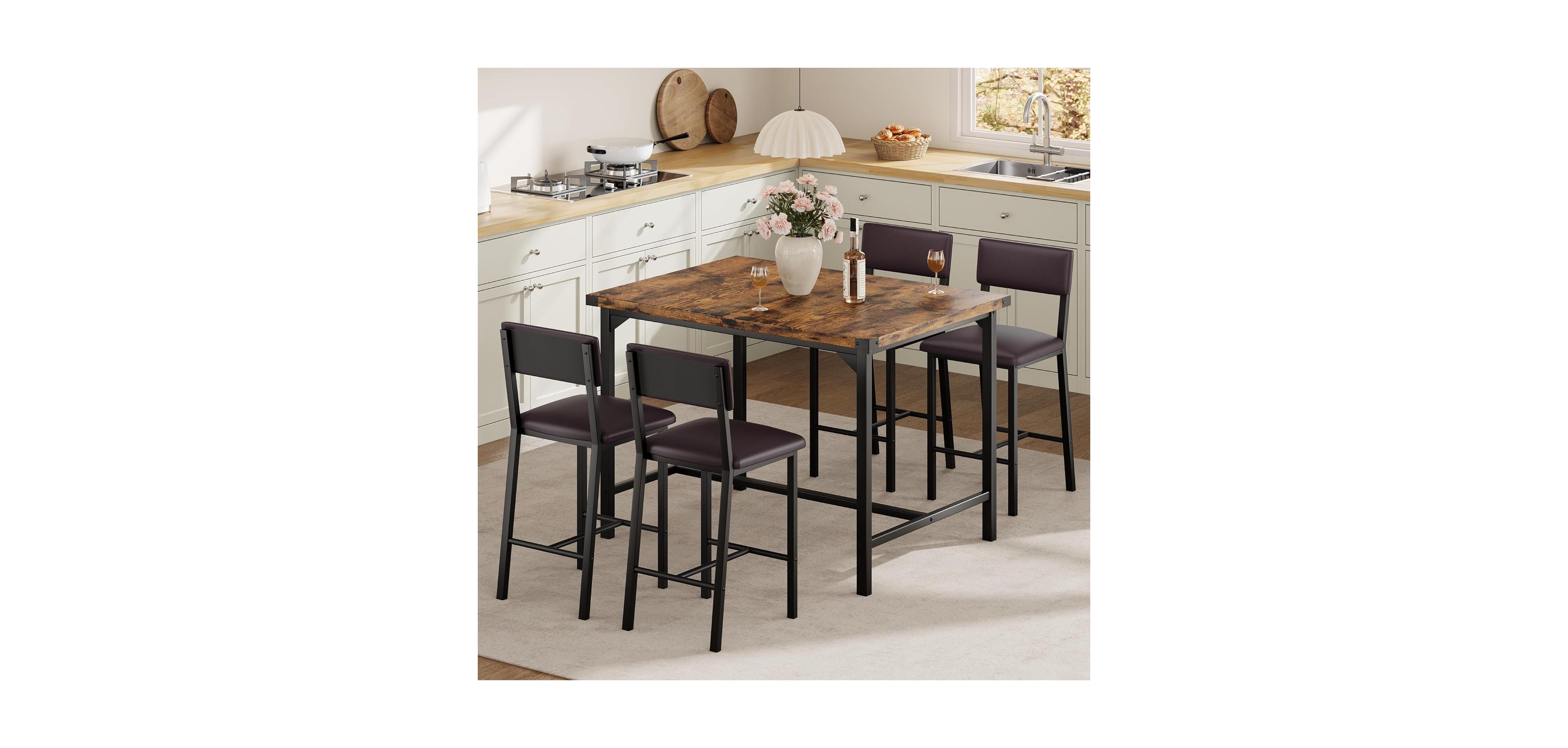 gaomon 5-Piece Counter Height Dining Table Set for 4 with Footrest & Corner Protectors, Kitchen Table and 4 Upholstered Bar Stools