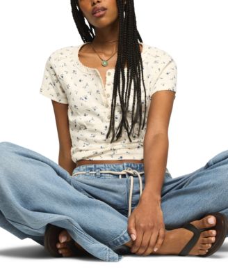 Women's Crochet Trim Short-Sleeve Henley Top