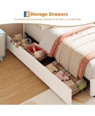 Twin Velvet Bed Frame for Girls, Upholstered Platform Bed with Bear Headboard, LED Lights & 2 Storage Drawers