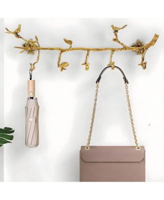 Brass Bird Decor Wall Hooks, 6 Hooks, 22in x 6.5in, Elegant Vintage Design