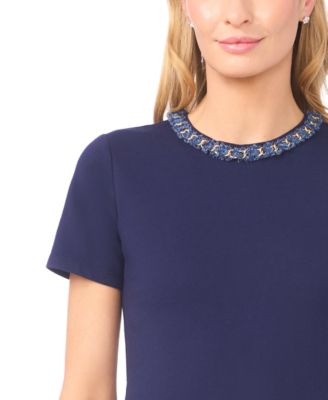 Women's Denim Chain Crew Neck Trim T-Shirt