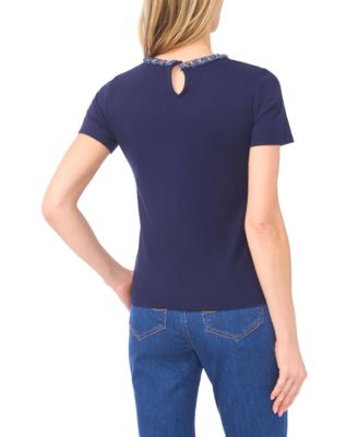 Women's Denim Chain Crew Neck Trim T-Shirt