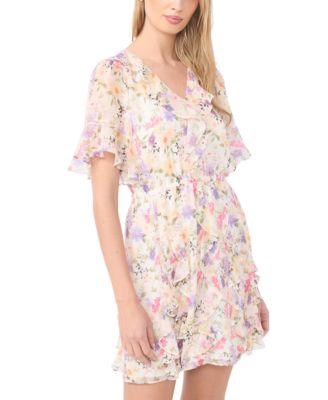 Women's Waterfall Ruffle Short-Sleeve V-Neck Mini Dress