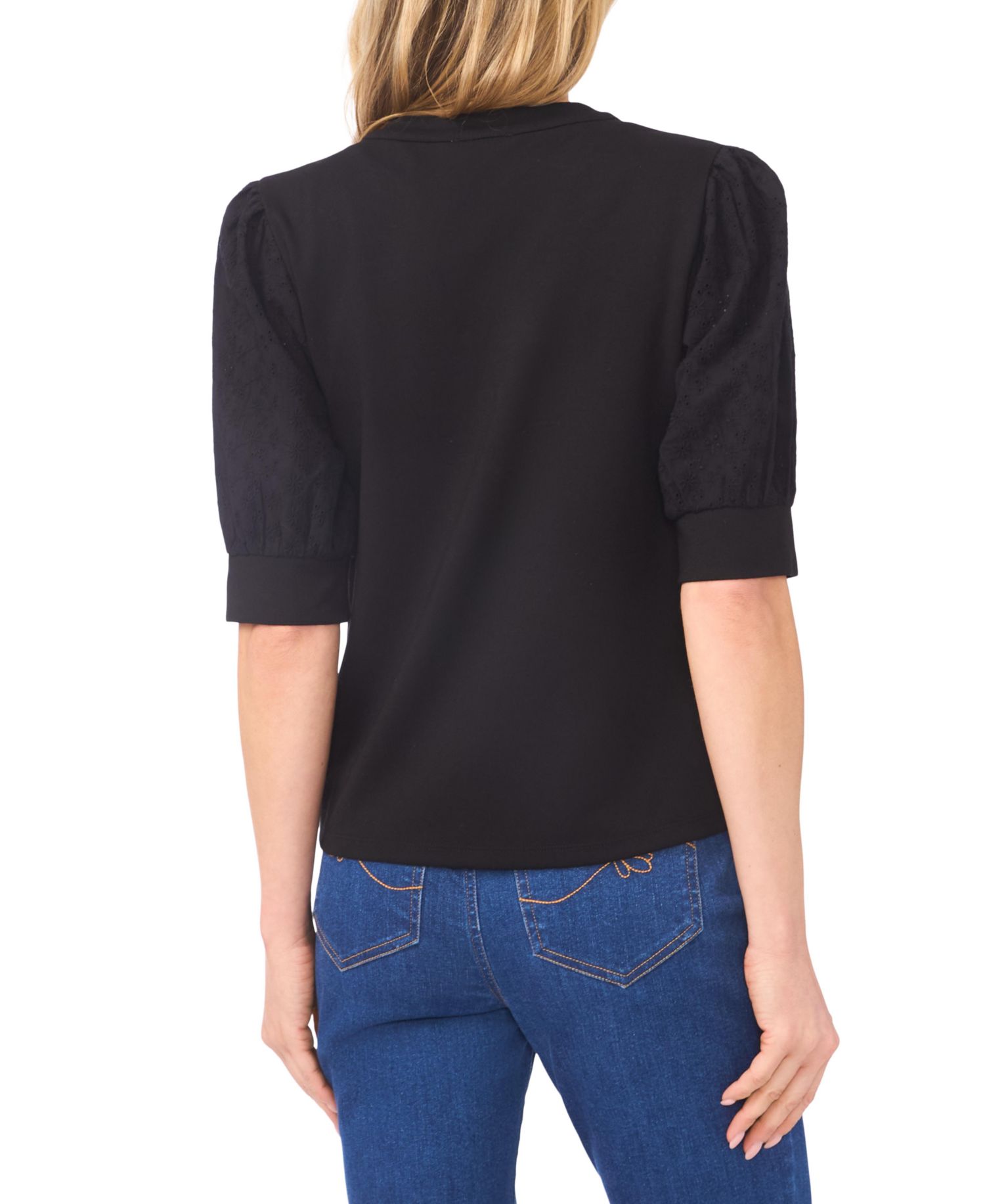 Women's Imitation Pearl Button Henley Puff 3/4-Sleeve Top
