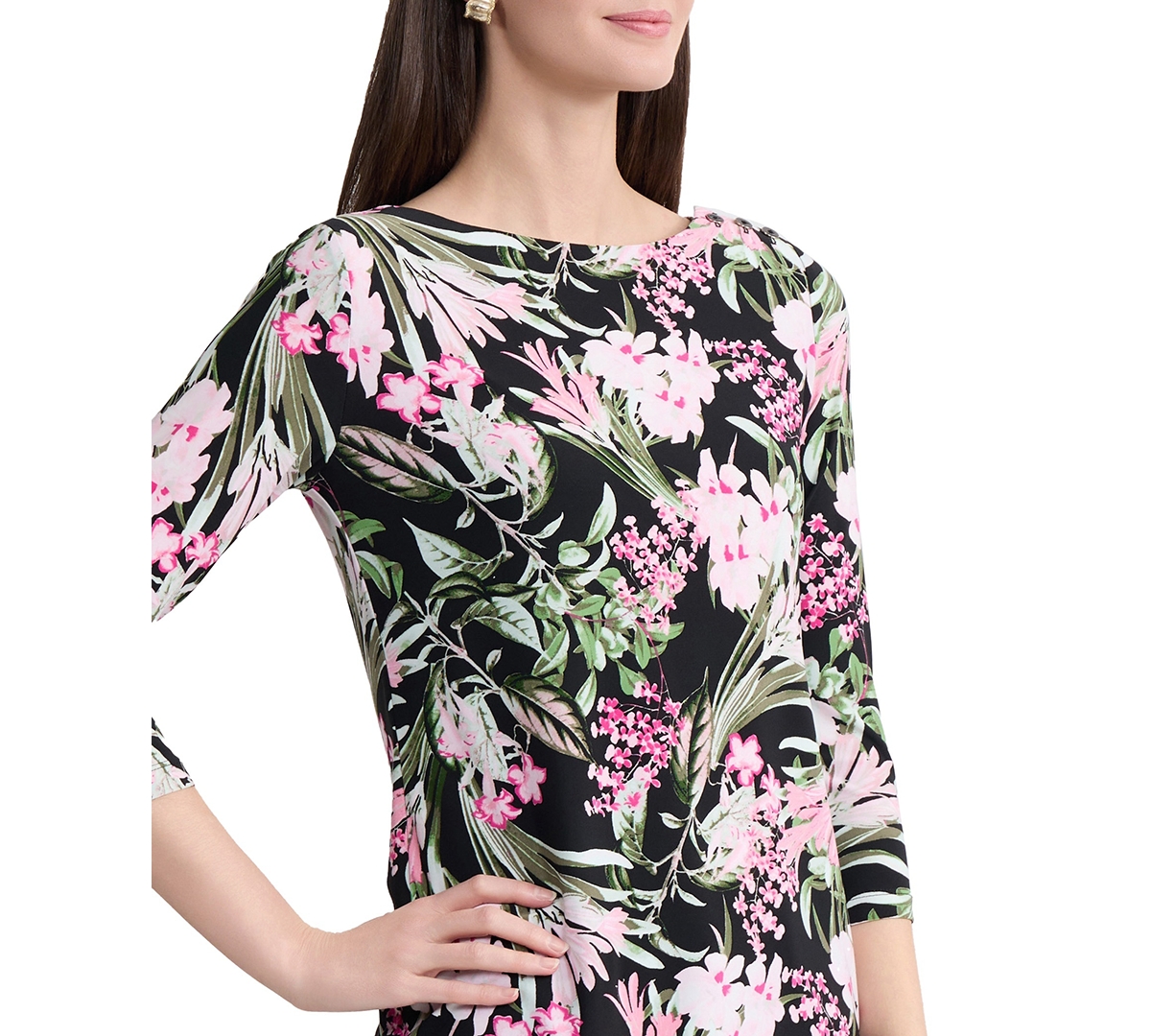 Jones New York Women's Printed 3/4 Sleeve Boat Neck Blouse