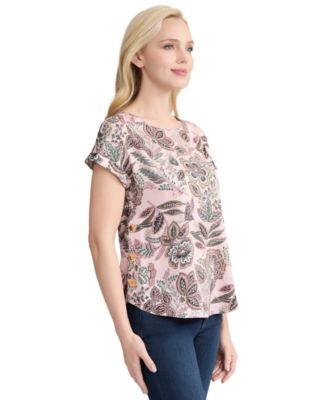 Women's Printed Short-Sleeve Button Detail Blouse