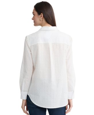 Women's Long-Sleeve Collared Neck Eyelet Shirt