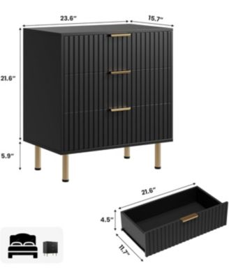 Fluted 3 Drawer Bedroom Dresser, Modern Nightstand with Deep Drawers