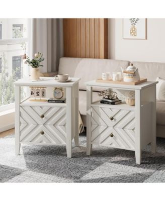 LED Night Stand with 2 Storage Drawers and Stable Wooden Legs，Farmhouse Nightstand w/V-Shaped Design，Wooden Rustic Bedside Table (2, White